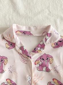 2件套少女可爱卡通垂耳蓝兔印花长袖上衣和裤子舒适休闲睡衣套装 - 淡紫色 - 查看 6