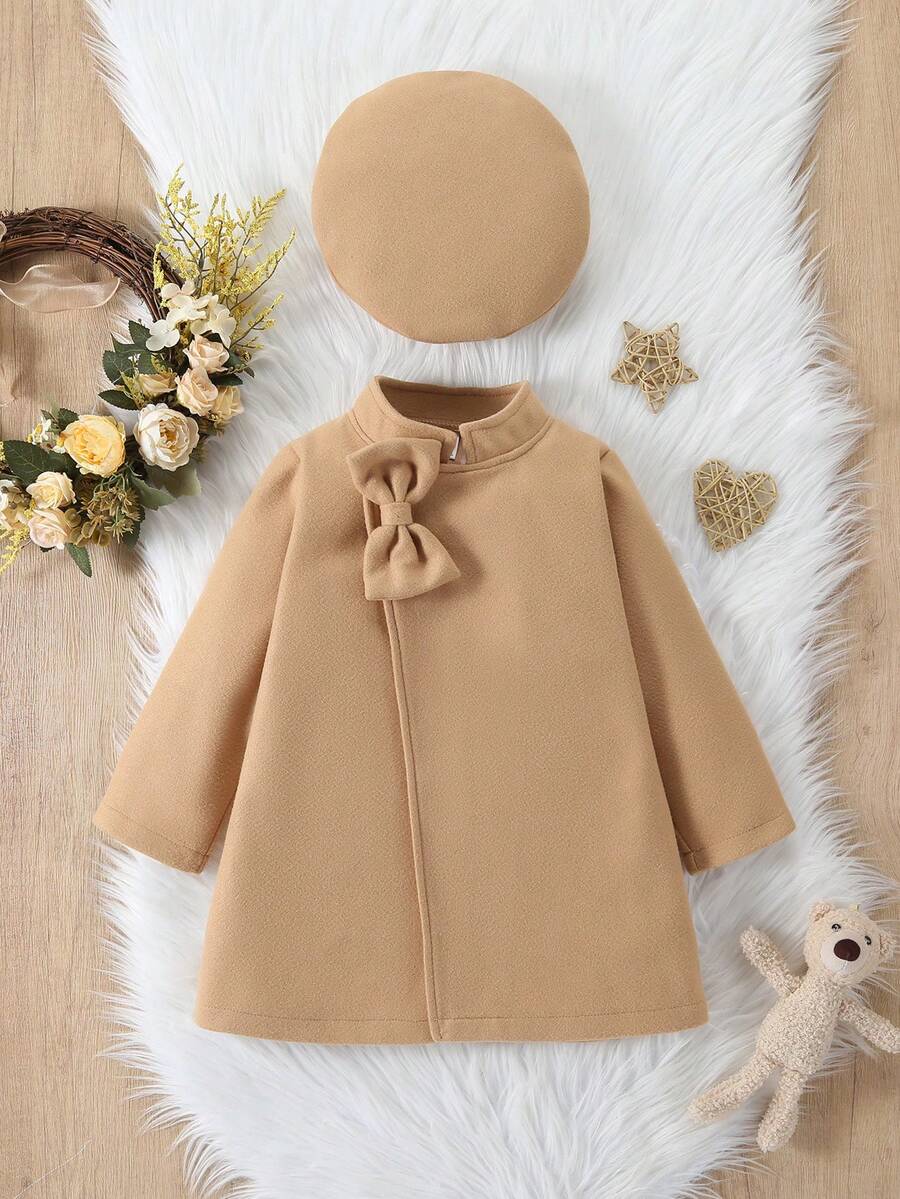 Elladie kids 少女纯色蝴蝶结装饰立领长袖可爱毛呢大衣,秋冬 - 杏色 - 查看 1