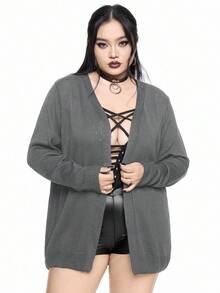 ROMWE Áo khoác cardigan mỏng họa tiết da rắn họa tiết hoa Gothic cỡ lớn cho nữ - Màu xám đen - Xem 3