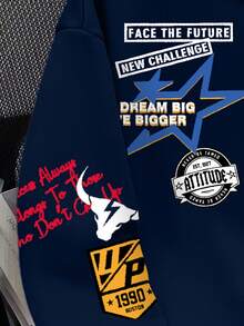 Claim Dot 男士标语印花长袖休闲保暖连帽卫衣，秋冬 - 藏蓝色 - 查看 5