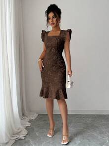 Elenzga Elegant Jacquard Commuter Dress, Summer - Coffee - View 3