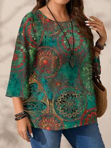 EMERY ROSE Plus Size Women Casual All-Over Print Round Neck Loose 3/4 Sleeve Shirt, Autumn/Winter - Multicolor - View 4