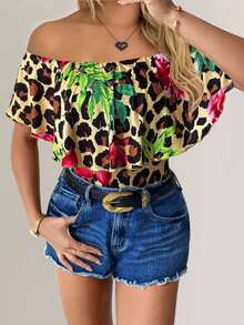 SHEIN Clasi Ruffle Ruffle Trim Printed Fitted Women T-Shirt - Multicolor - View 1