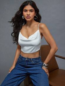 Hauture Ivory Satin Tie Back Top With Rhinestone Shoulder Straps - Sexy Elegant Choice For Night Out - White - View 2