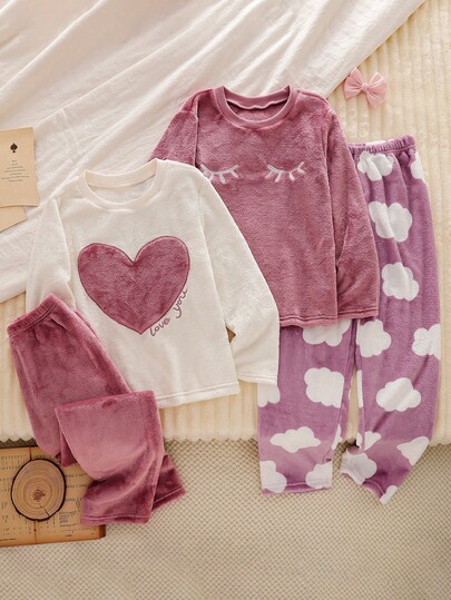 Conjunto de pijama de 4 piezas con estampado de pestañas con corazones y nubes para niñas, ropa cómoda para el hogar