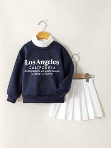 SHEIN Explorewe Women's Simple Printed High Neck Long Sleeve Sweatshirt And Solid Color Skirt Set - Navy Blue - View 7