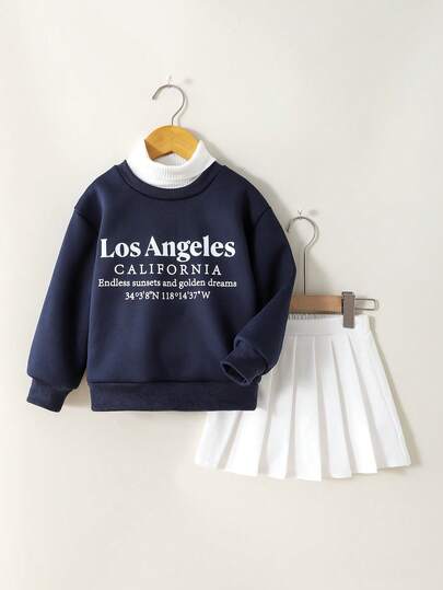 SHEIN Casuvi Kids 女式简约印花高领长袖运动衫和纯色短裙套装