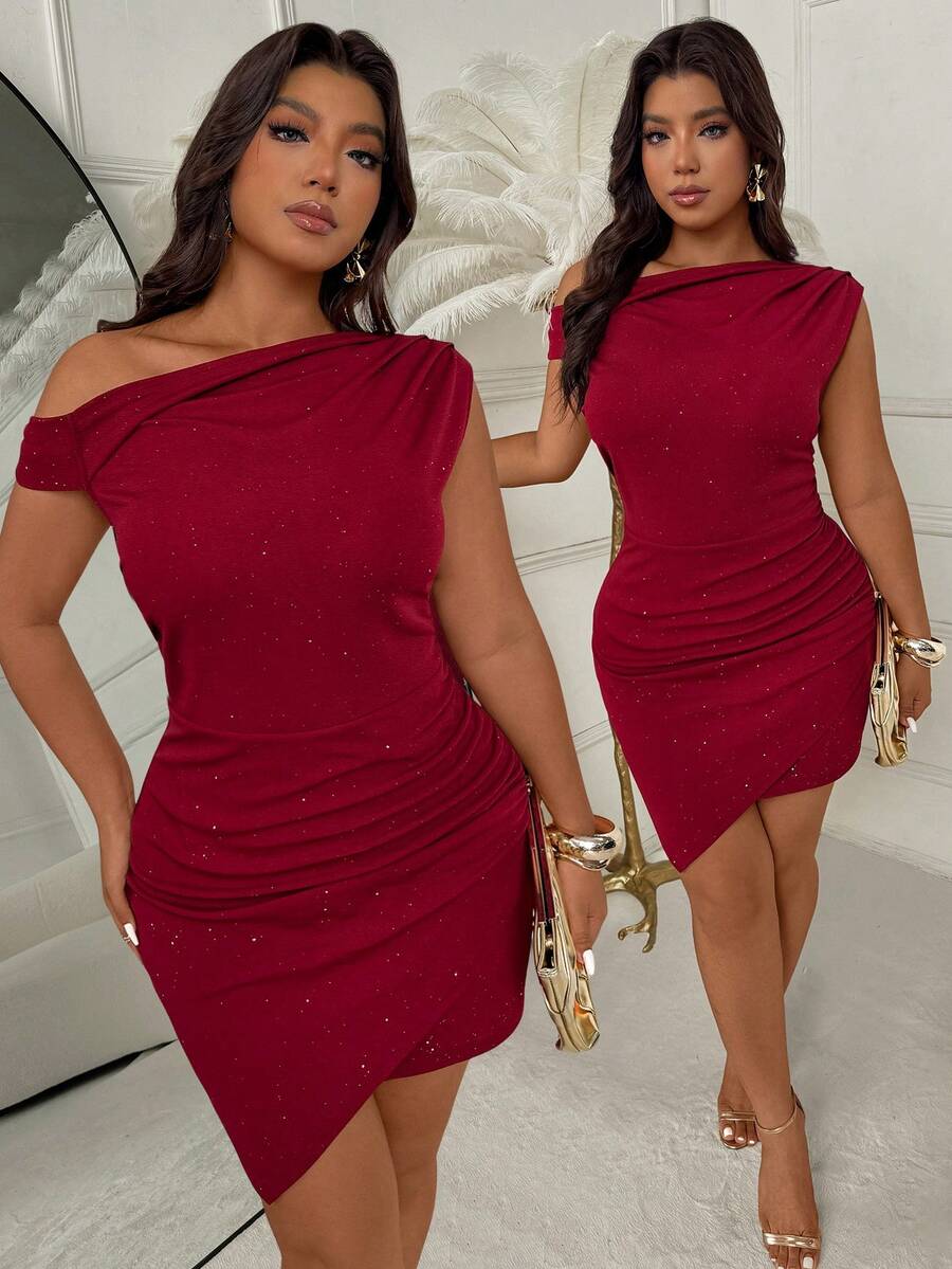 SHEIN Clasi 优雅派对闪亮纹理不对称连衣裙 - 紅色 - 查看 1