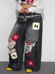 ROMWE Street Life Spring/Summer Y2K Casual Street Style Embroidered Pocket Design Dual Waistband Plus Size Loose Fit Denim Jeans - Black - View 4