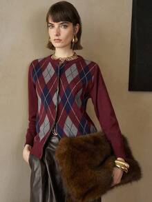 Revavyn Revavyn Women's Fitted Argyle Color Block Design Casual Commuter Crew Neck Long Sleeve Cardigan Sweater - Multicolor - View 3