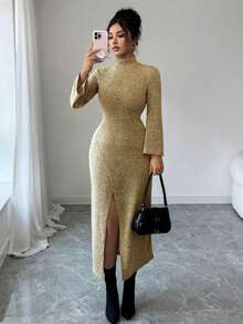 Modelyn Women's Turtleneck Bodycon Knit Slit Dress, Autumn/Winter - Yellow - View 4