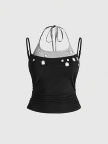 ROMWE J-Fashion Top de tirantes con decoración de ojales, estilo callejero chic Y2K para mujeres, estilo Kpop - Negro - Ver 1
