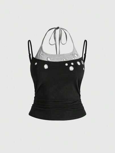 ROMWE Grunge Punk Plus Size Punk Eyelet Design Hollow Out Layered Camisole And Tank Top
