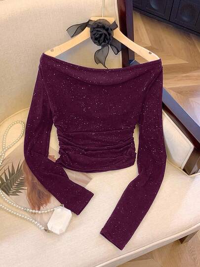 GlowEve Women's Knitted Off-Shoulder Autumn Glitter T-Shirt