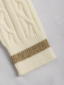 Qadelle Women's Casual Embroidered Detail Cable Knit Crew Neck Long Sleeve Sweater, Autumn/Winter - Apricot - View 5