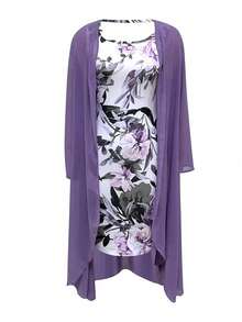 SHEIN Clasi 2pcs Set: Women's Casual Resort Solid Color Long Sleeve Open Front Jacket And Floral Print Dress - Multicolor - View 3