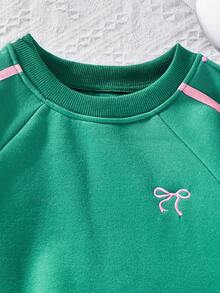 SHEIN Tween Girls 2pcs/Set Round Neck Sweatshirt Set,Green And Pink,Autumn,Cute,School,Back-To-School Long Sleeve Ribbed Knit Pants With Side Ribbon Bow - Green - View 7