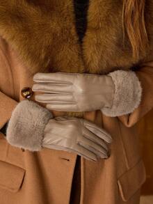 Khaki Thickened Warm Five-Finger Leather Gloves, Autumn/Winter - Khaki - View 7