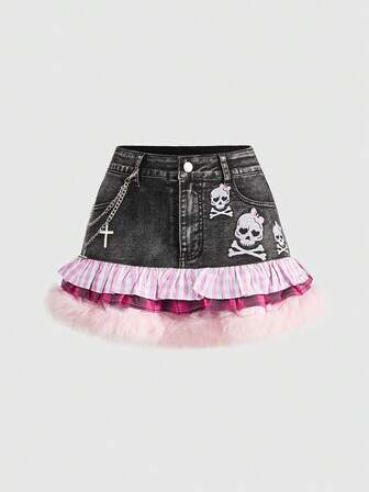 ROMWE Avant Women's Retro Punk Y2K Subculture Bow Skull Embroidery Chain Decor Contrast Plaid Faux Fur Patchwork Low Waist Mini Denim Skirt