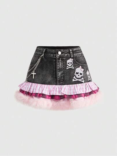 ROMWE Avant Women's Retro Punk Y2K Subculture Bow Skull Embroidery Chain Decor Contrast Plaid Faux Fur Patchwork Low Waist Mini Denim Skirt