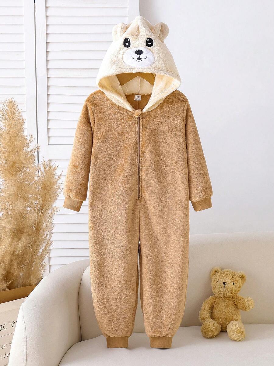 Young BoyAutumn/Winter Bear Embroidery Graphic Khaki Minimalist Plush Hooded Long Sleeve Jumpsuit Pajamas, Home Wear - Khaki - View 1