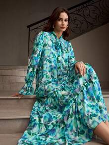 ZEYLAH French Elegant Pearl Chiffon Loose Floral Print Dress