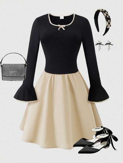 Tonårsflicka i ett stycke, tonårsflicka, fyrkantig halsringning, rosettdekoration, kontrastfärgad utsvängd ärm, medellång klänning i förtjockad mjölksidens, dubbelsidig borstad, lämplig för olika tillfällen som vardagskläder, födelsedagar, fester, lämplig för 13-16-åriga flickor, höst- och vinterstil.