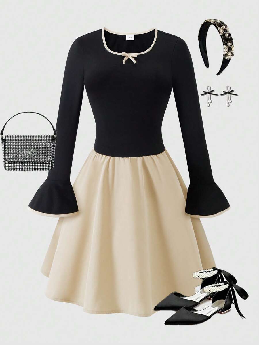 少女单件式方领蝴蝶结装饰撞色喇叭袖中长款加厚牛奶丝双面磨毛连衣裙，适合日常穿着、生日、派对等各种场合，适合13-16岁女孩，秋冬季款式。 - 黑色 - 查看 1