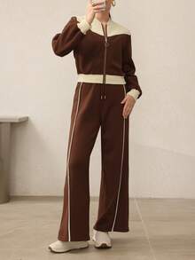 Mulvari 女士休闲时尚羊毛棒球夹克、运动衫和裤子三件套，秋冬 - 棕色 - 查看 3