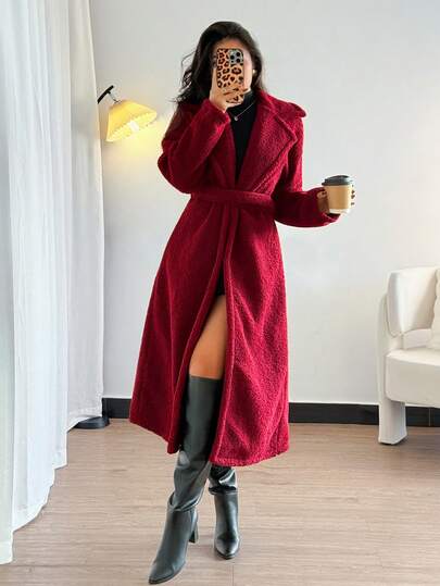 Rafferiza Women's Solid Color Casual Coat, Suitable For Autumn/Winter Burgundy Women Maroon Coat