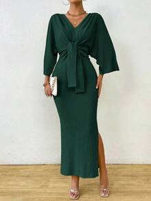 Celisse Elegantes Damen Maxikleid mit einfarbigen Fledermausärmeln, Schlitz und Fischschwanz, für Frühling & Herbst - Dunkelgrün - Übersicht 5