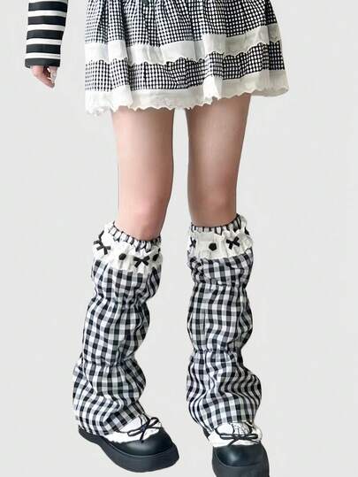 Kawaii 1 Pair Black & White Plaid Patchwork Bow Lace Trim Leg Warmers, Y2K Girly Retro Subculture Minimalist Design, Suitable For Daily, School, Date, Shopping, Travel And More