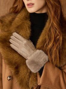 Khaki Thickened Warm Five-Finger Leather Gloves, Autumn/Winter - Khaki - View 1