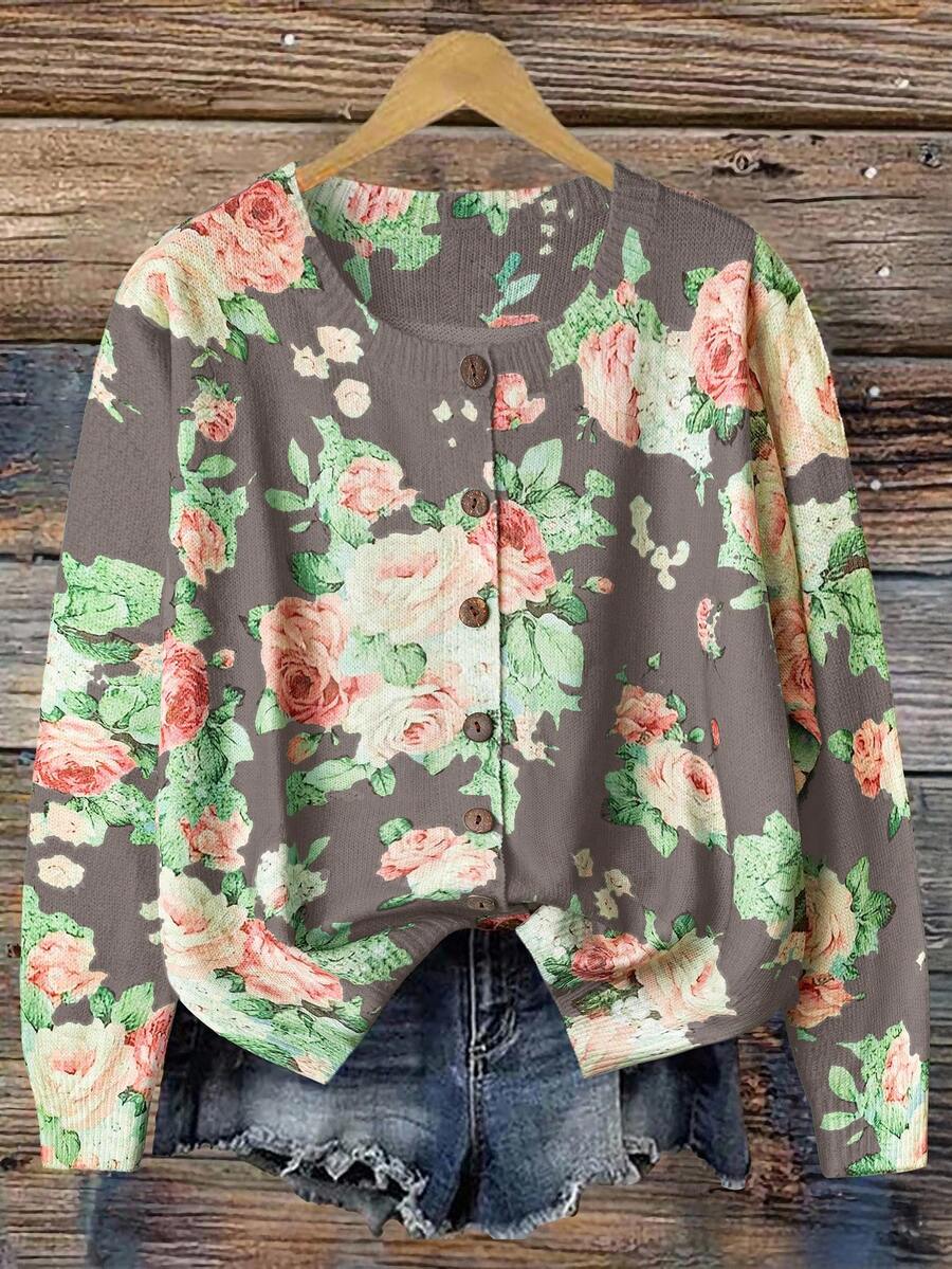 SHEIN Privé Plus Size Women Casual Basic Printed Button Cardigan - Brown - View 1