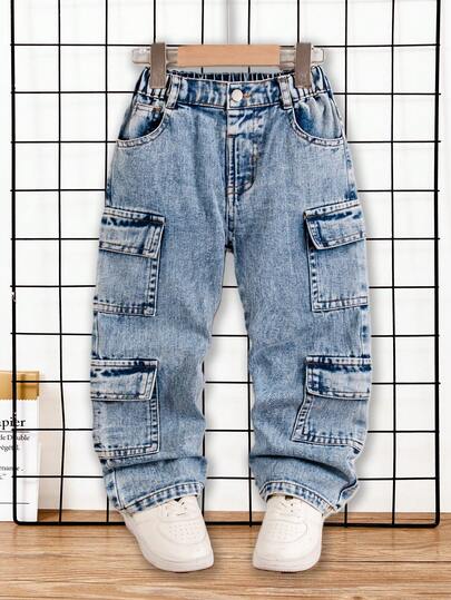 YOUNG BOYS Loose Straight Leg Jeans With Side Pockets, Casual & Versatile School Style
