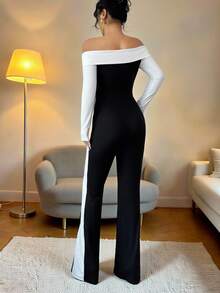Elenzga Jumpsuit Wanita Minimalis dengan Warna Kontras untuk Pakaian Sehari-hari, Model Off Shoulder - Hitam dan Putih - View 2