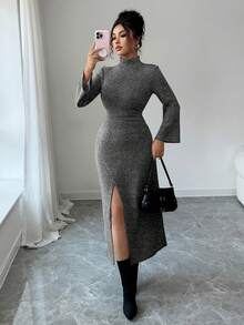 Modelyn 女式高领紧身针织开衩连衣裙，秋冬 - 深灰色 - 查看 6