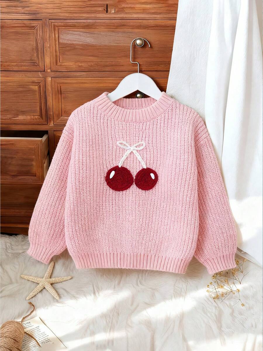 SHEIN Vintaside Kids 少女櫻桃裝飾休閒毛衣,秋冬櫻桃針織套頭衫 - 粉色 - 查看 1