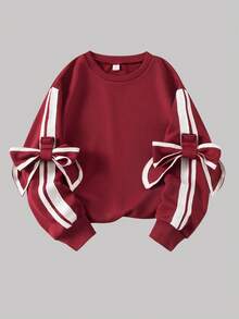 Sparklyn 1件少女宽松圆领长袖卫衣，宽松版型，袖口饰有可拆卸蝴蝶结，秋季休闲套头衫