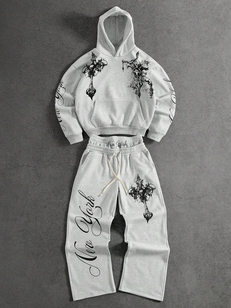 PAVTROS Bộ đồ thể thao nam thường ngày in họa tiết, có lớp lót giữ nhiệt, gồm áo hoodie và quần jogger, kiểu dáng đường phố, thích hợp cho mùa đông. - Xám - Xem 1