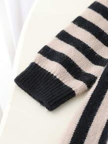 Girls' Striped Knit Sweater Dress,Classic Round Neck Flare Sleeve Patchwork Dress For Autumn,School,Back-To-School,Winter Outings And Parties - Black - View 5