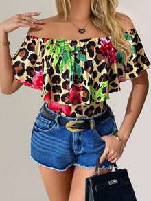 SHEIN Clasi Ruffle Ruffle Trim Printed Fitted Women T-Shirt - Multicolor - View 3