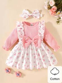 新生女宝宝粉色罗纹长袖蝴蝶结拼接花卉图案连衣裙及发带，面料舒适，优雅可爱，适合户外摄影 - 粉色 - 查看 5