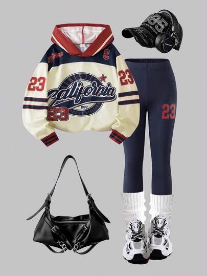 Sparklyn Bộ 2 áo nỉ chui đầu cho bé gái, áo nỉ chui đầu họa tiết chữ và số phối màu + quần bó cạp chun, trang phục thể thao thường ngày cho mùa thu