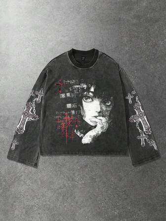 Street Life Herren Lässig Bedrucktes Langarm Washeddes T-Shirt