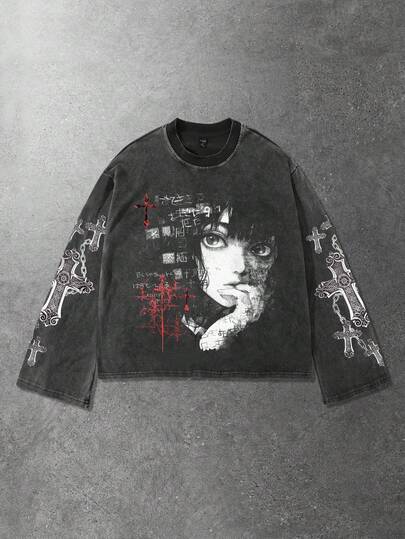 Street Life Men's Casual Anime Printed Long Sleeve Washed T-Shirt