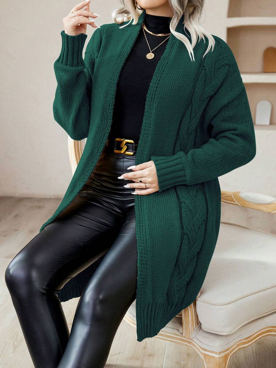 SHEIN LUNE 大码女式落肩长袖扭纹针织休闲开衫，秋冬 - 墨綠色 - 查看 1