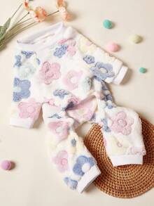 PETSIN 1pc Pet Cat Dog Universal White Pink Flower Pattern Printed Cute Fashion Autumn/Winter Plush Warm And Comfortable Round Neck Dog Jumpsuit - White - View 6