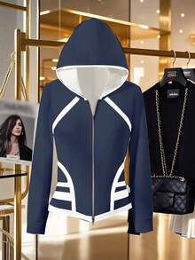 GlowEve 女士两件套拉链连帽外套和阔腿裤保暖套装 - 藏蓝色 - 查看 4