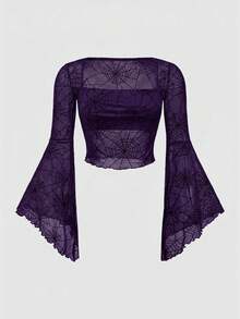 ROMWE Áo cánh tay loe họa tiết mạng nhện cổ vuông Gothic cỡ lớn dành cho nữ, màu tím - Màu tím - Xem 2